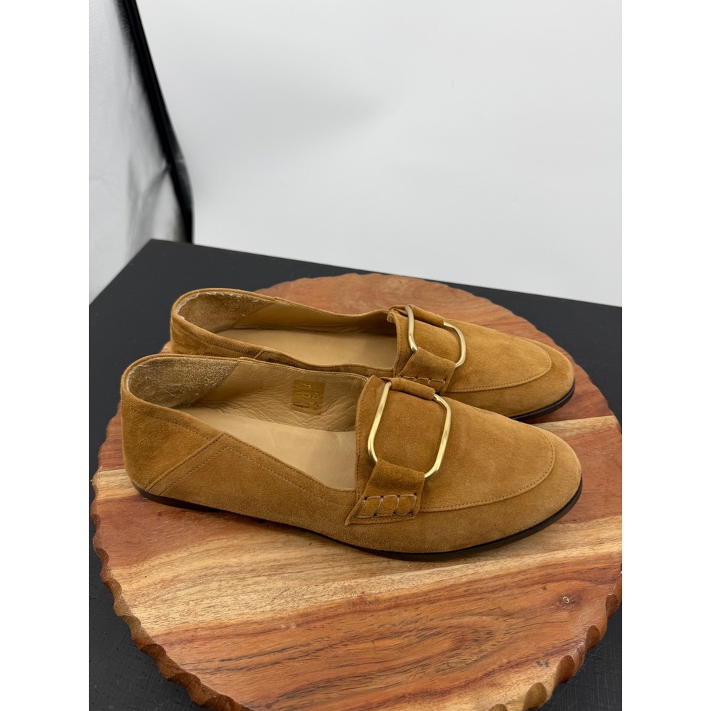 FRAME Le Loafer Buckle Suede Shoes Womens 39.5 Tan Gold Hardware Slip On Flats